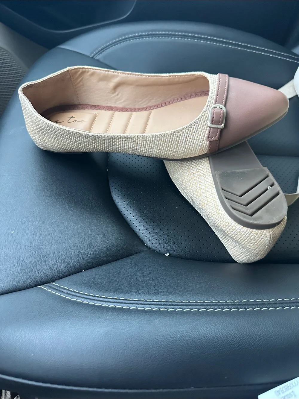 me too Tan Pointed-Toe Buckle Flats with Woven Trim